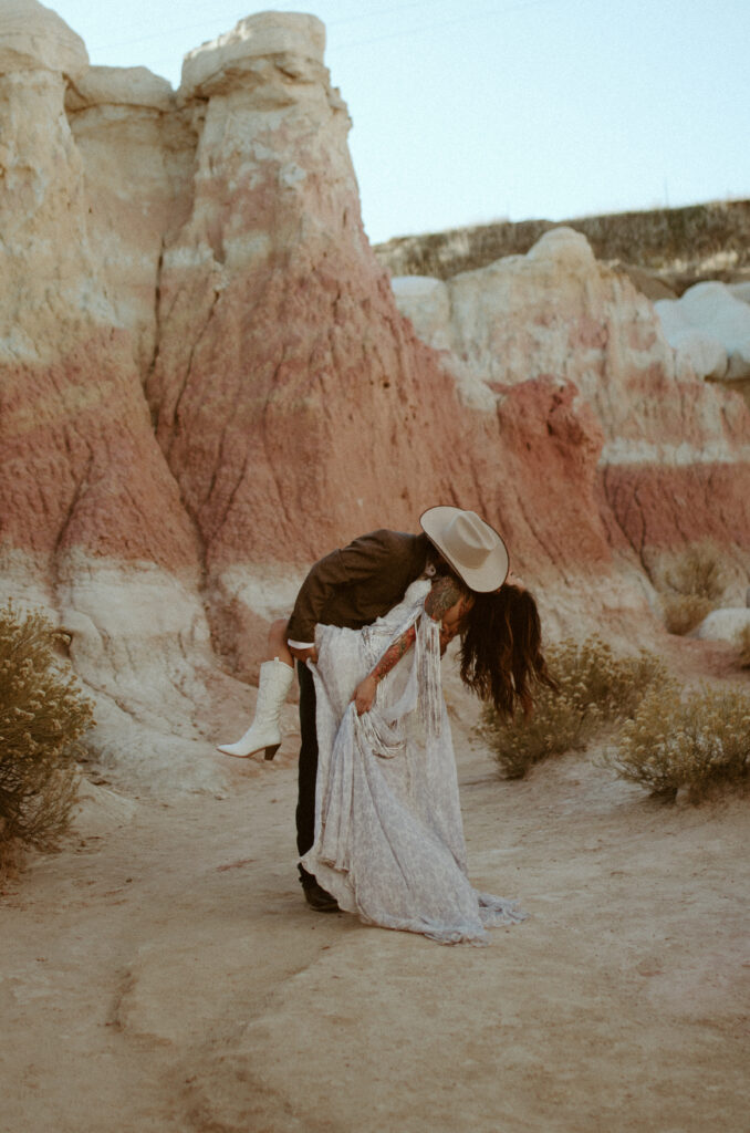 Bohemian western Bridals at the colorado paint mines. Boho Western Elopement Photographed by kinseylynn photo co a Jackson Hole Wedding and Elopement photographer. Rue De Seine Bridal wedding gown. South western style elopement.