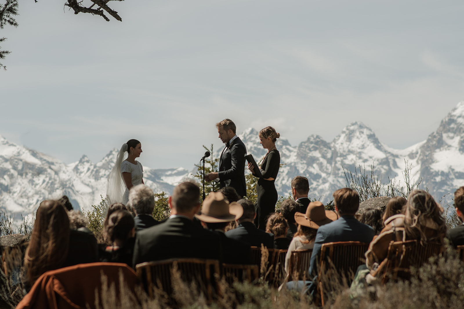 A wedding ceremony taking place outdoors, with a bride and groom standing in front of a large tree as an officiant reads from a book at the wedding tree in Jackson Hole