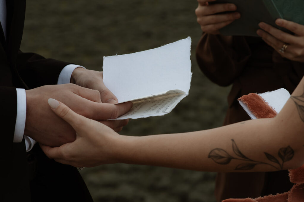 A couple stands facing each other holding hands during a wedding ceremony outdoors, with a person in the middle reading from a book. Snow-capped mountains are visible in the background for their elopment at Glacier View Turnout 