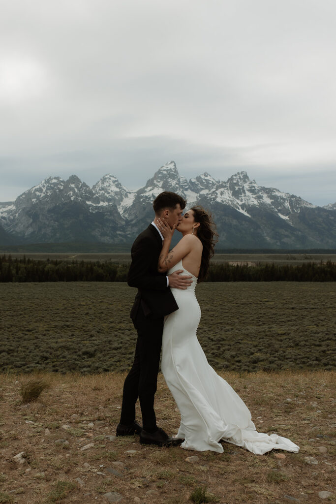 A couple stands facing each other holding hands during a wedding ceremony outdoors, with a person in the middle reading from a book. Snow-capped mountains are visible in the background for their elopment at Glacier View Turnout 