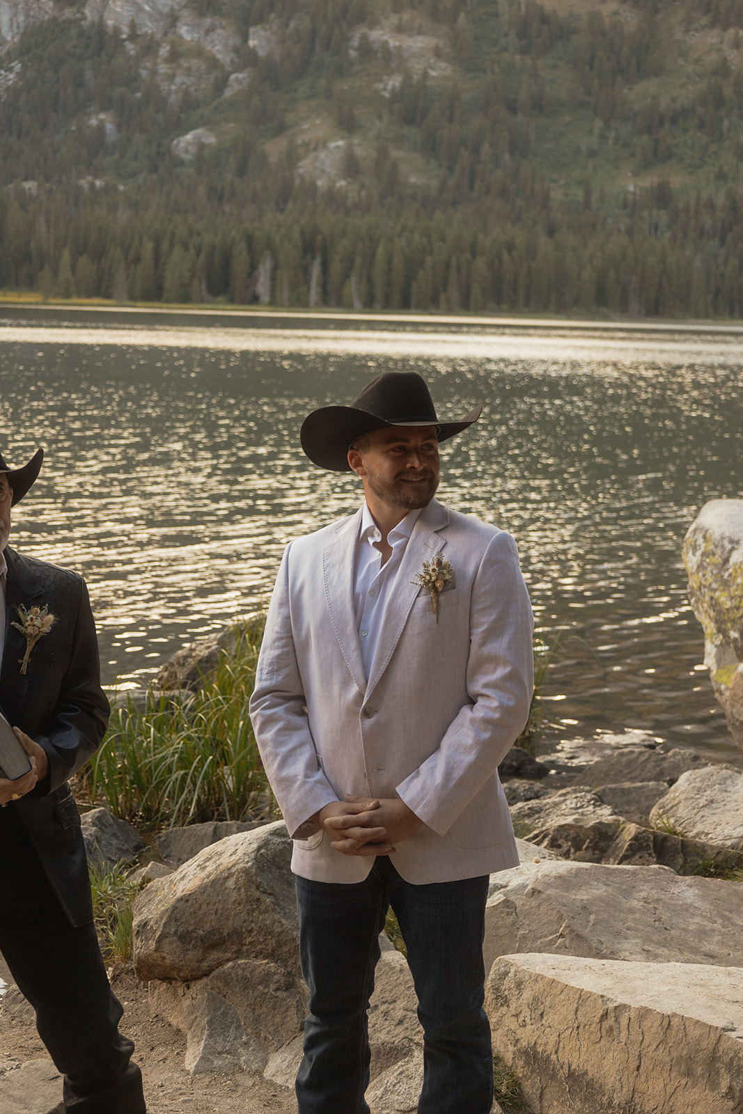 groom waiting for bride at the end of the aisle for a  Grand Teton National park taggart lake elopement