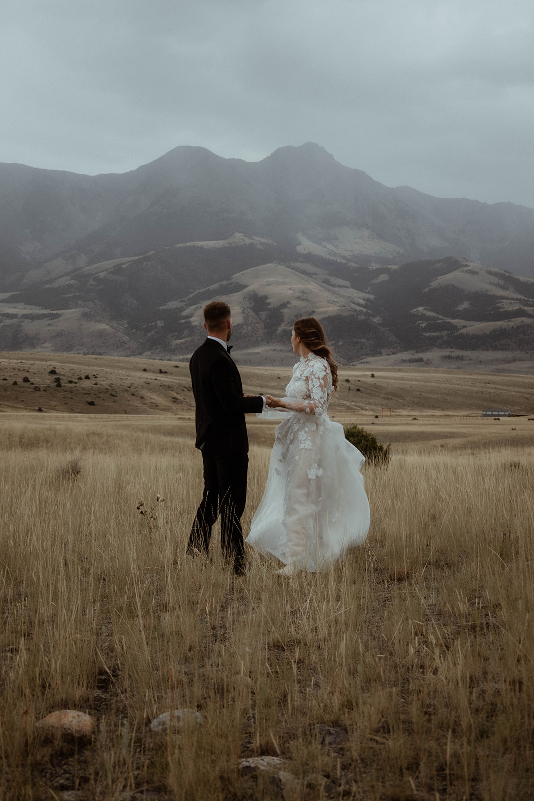 A bride and groom embrace in a field with mountains in the background. The bride is wearing a white wedding dress, and the groom is in a black suit 