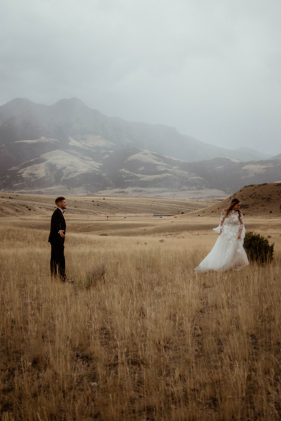 A bride and groom embrace in a field with mountains in the background. The bride is wearing a white wedding dress, and the groom is in a black suit 