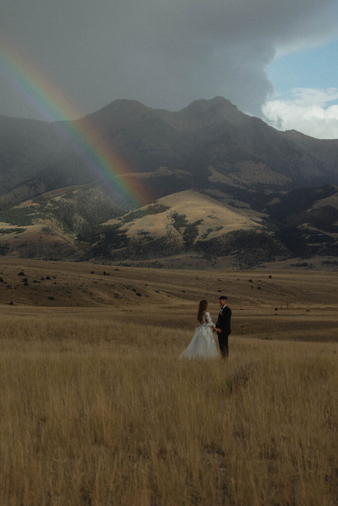 A bride and groom embrace in a field with mountains in the background. The bride is wearing a white wedding dress, and the groom is in a black suit for a wedding