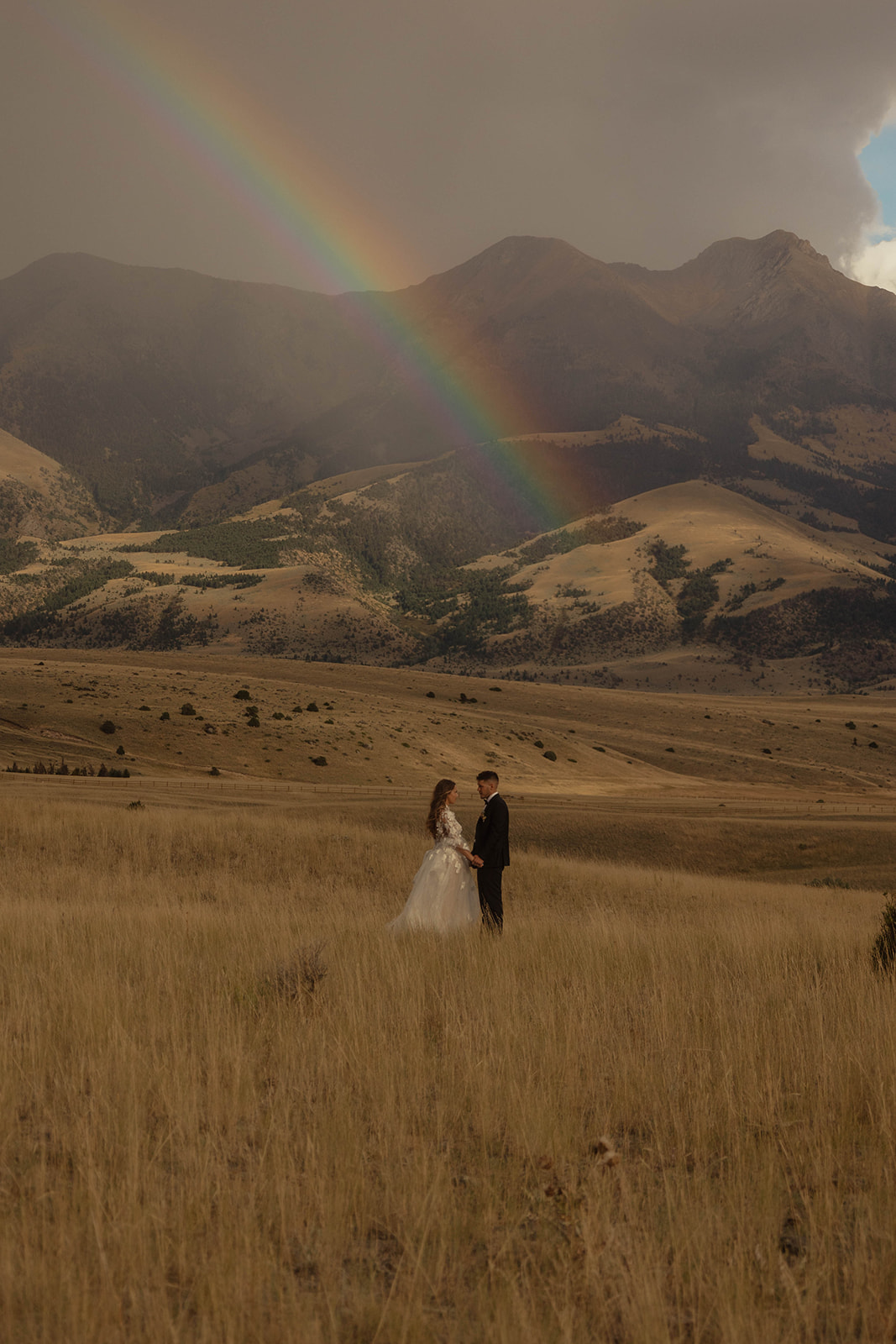 A bride and groom embrace in a field with mountains in the background. The bride is wearing a white  dress, and the groom is in a black suit 