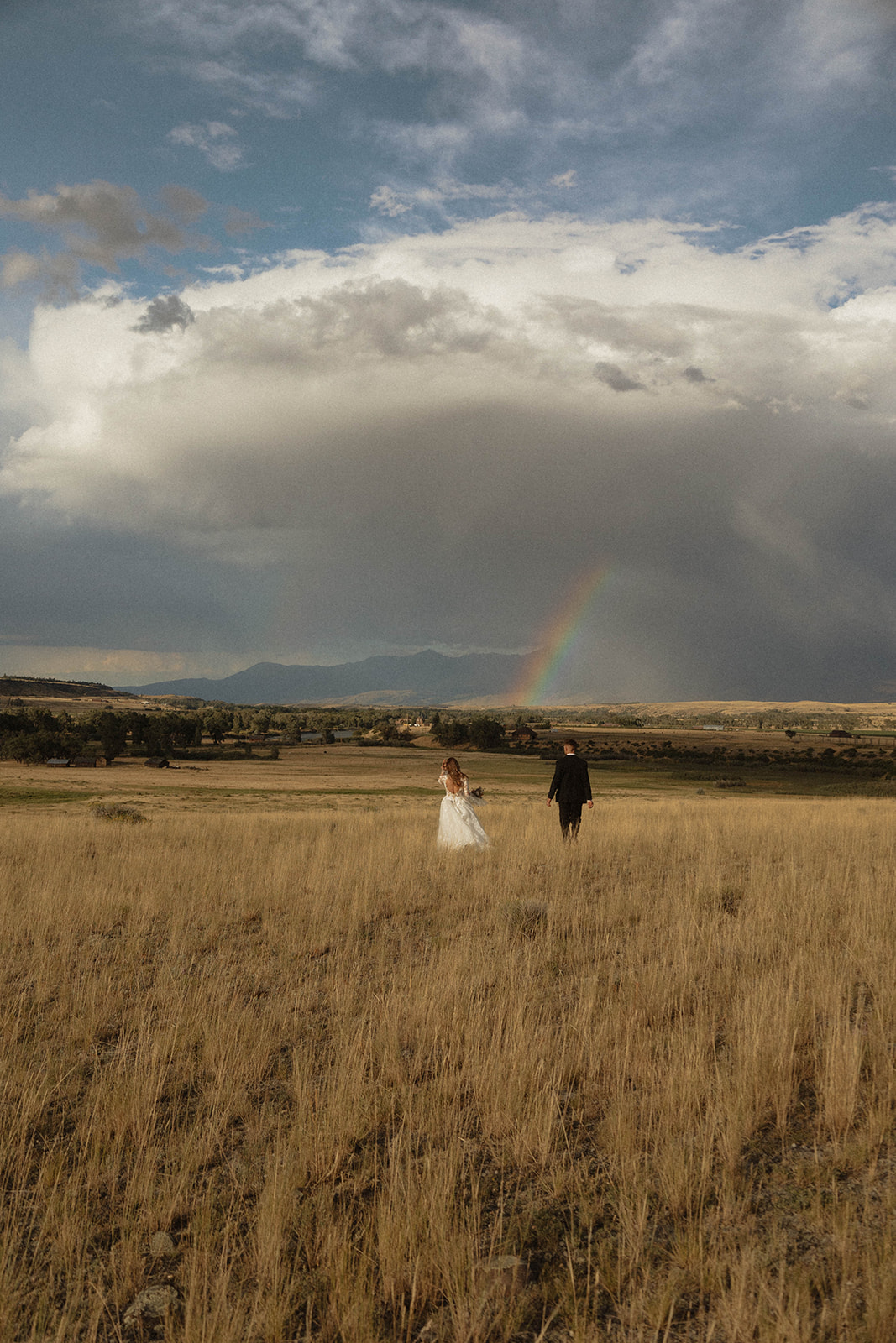 A bride and groom embrace in a field with mountains in the background. The bride is wearing a white dress, and the groom is in a black suit 